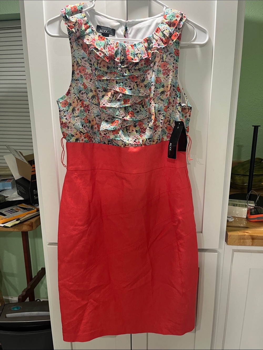 ALYX Coral Pencil Dress with Floral Ruffle Bodice